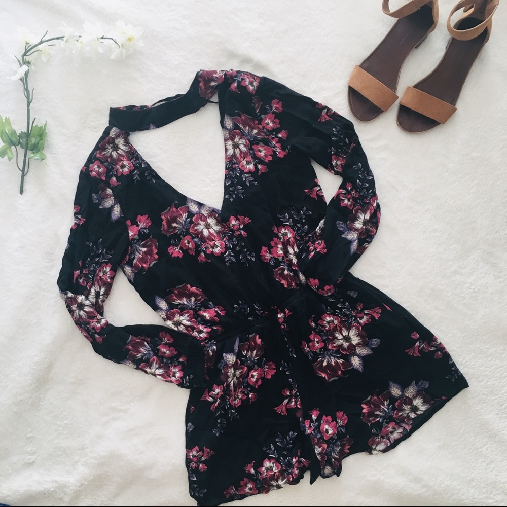 one clothing Black Floral Long Sleeve Romper with Pink & Cream Flowers